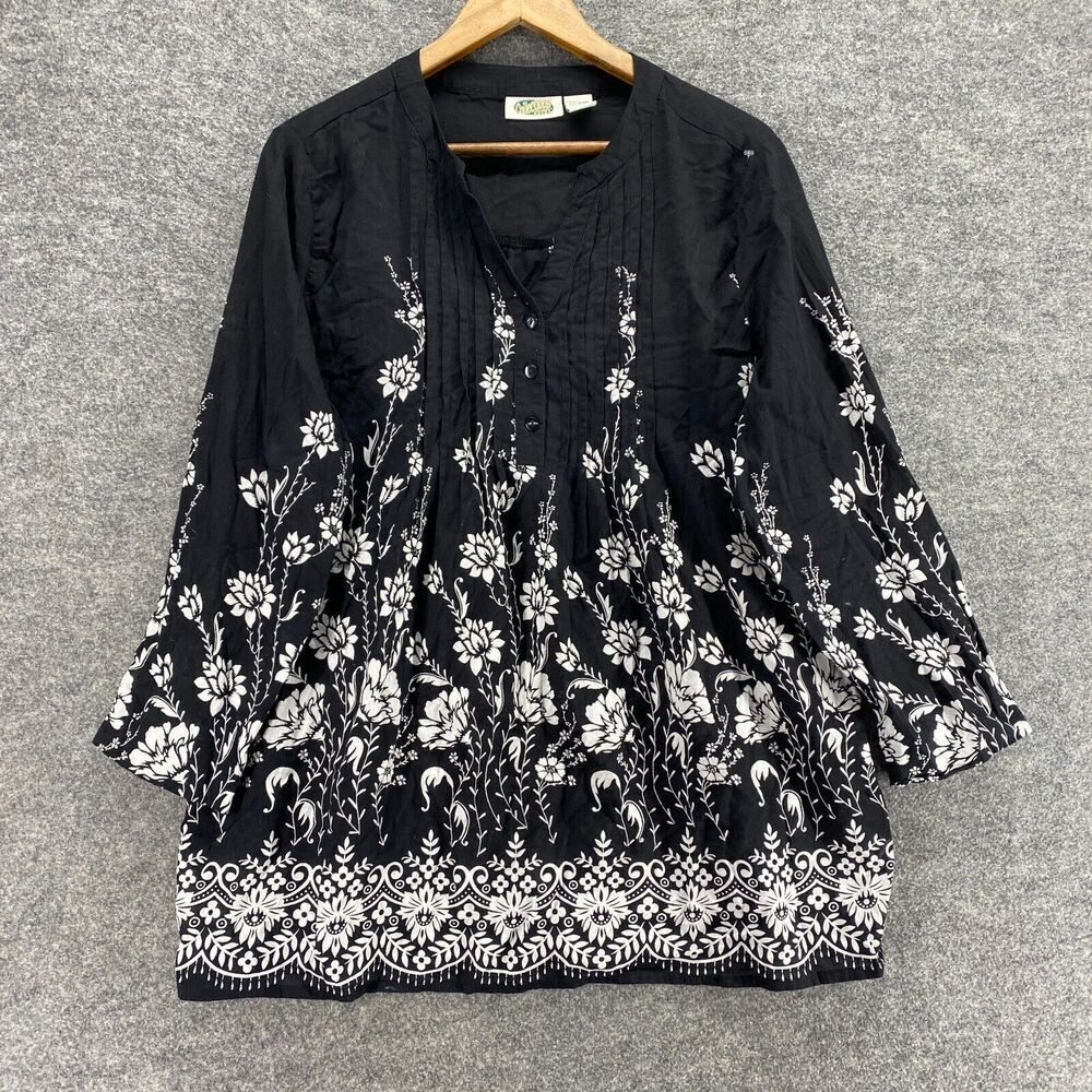 Collections Blouse Women L Large Black Floral V-Neck 1/2 Button 3/4 Sleeve